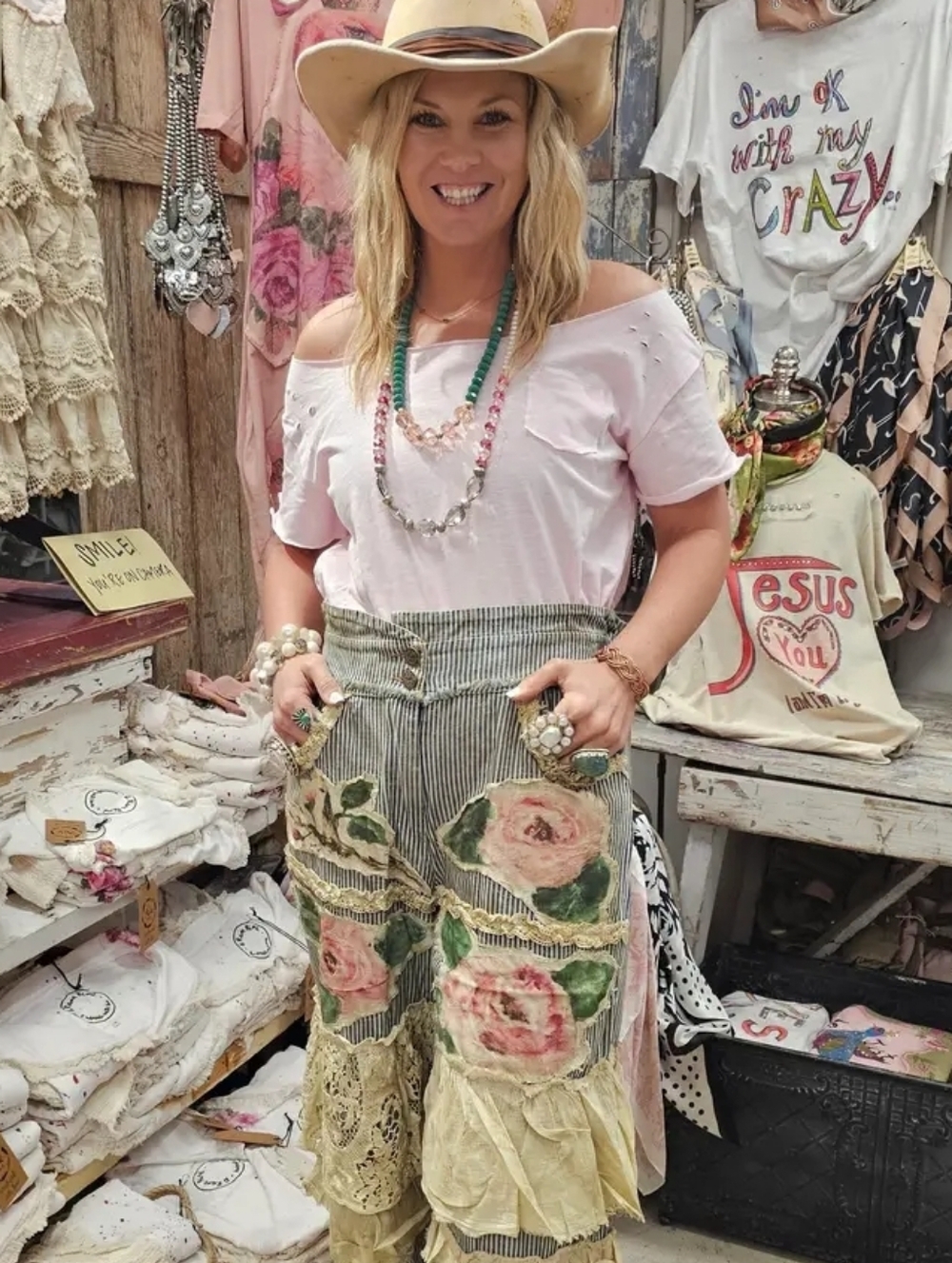 A Rare Bird Rose Ticking Pants